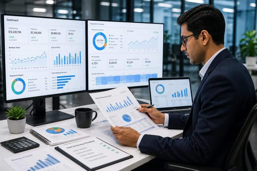 Business analyst reviewing financial data on multiple screens in office.