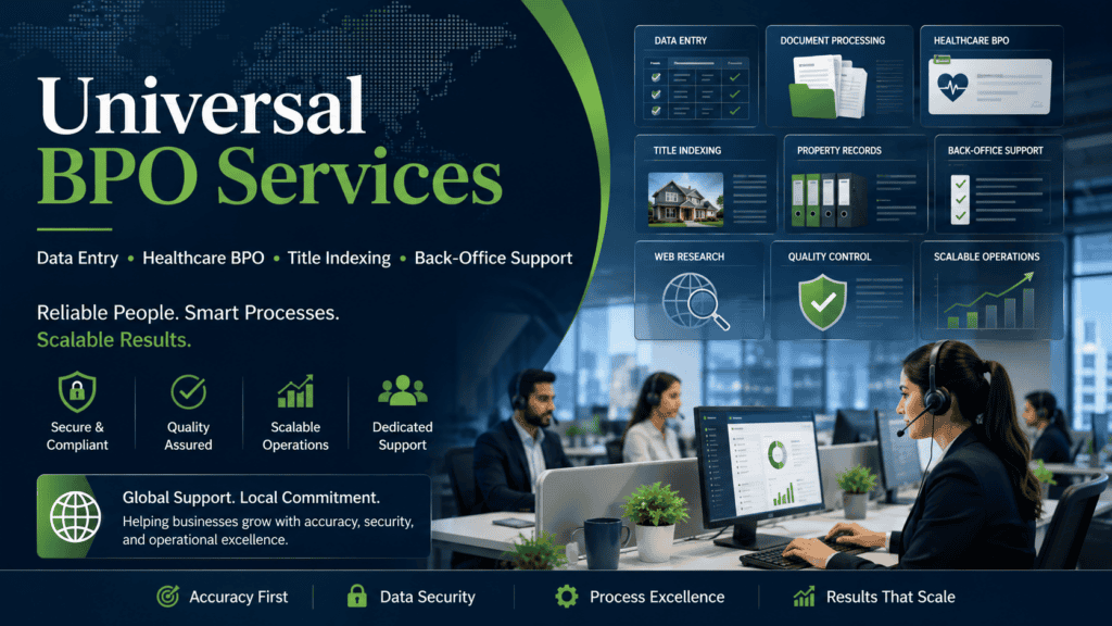 Universal BPO Services for data entry, healthcare, and back-office support solutions.