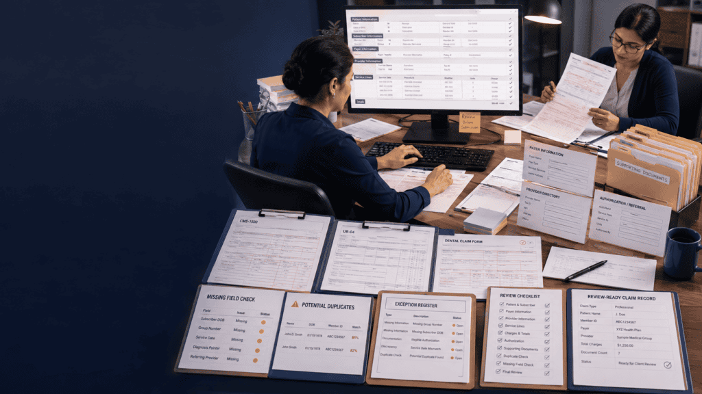 Insurance claim data entry checklist with patient, payer, provider, service and authorization field review