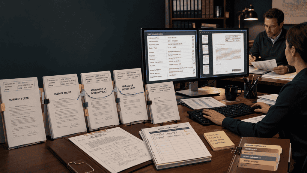 Title plant indexing quality checklist with deeds, mortgages, grantor grantee names, recording data and legal description review