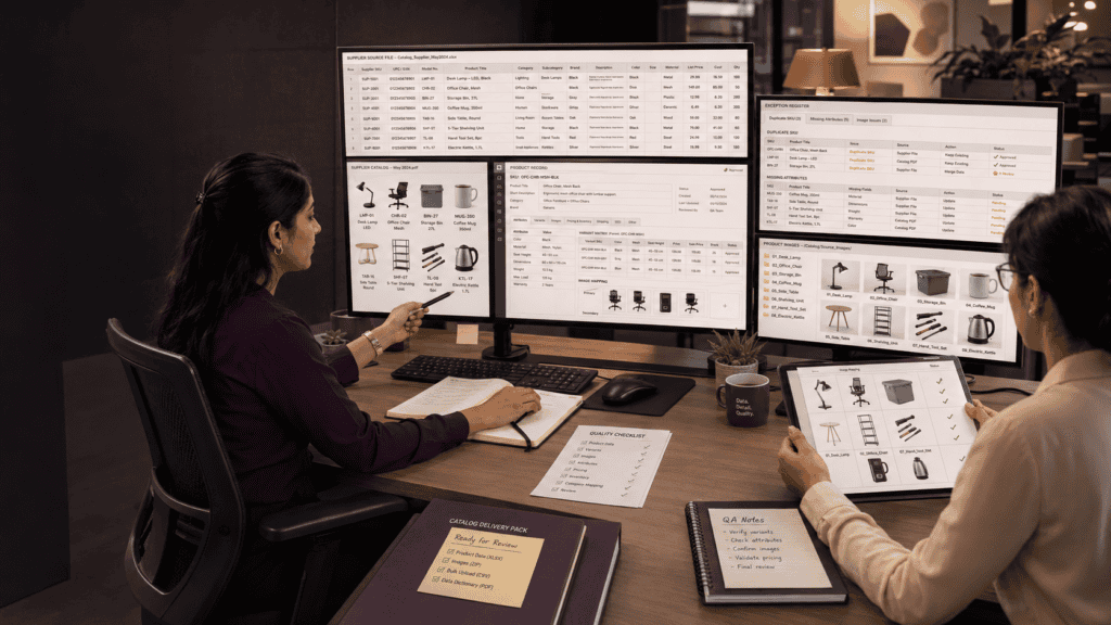 Product data entry quality checklist with SKU, category, attribute, variant, price, image and bulk upload review