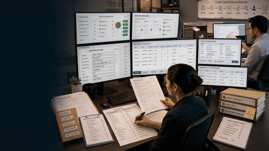 Forms processing quality checklist with field mapping, OCR review, handwritten data entry, attachment matching and validation
