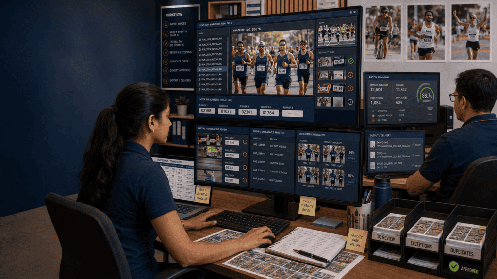 BIB number data entry quality checklist with race photo tagging, runner number review, group images and exception handling