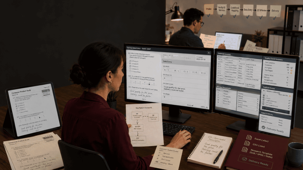 Survey data entry quality checklist with questionnaires, codebooks, rating scales, skip logic, open responses and human review