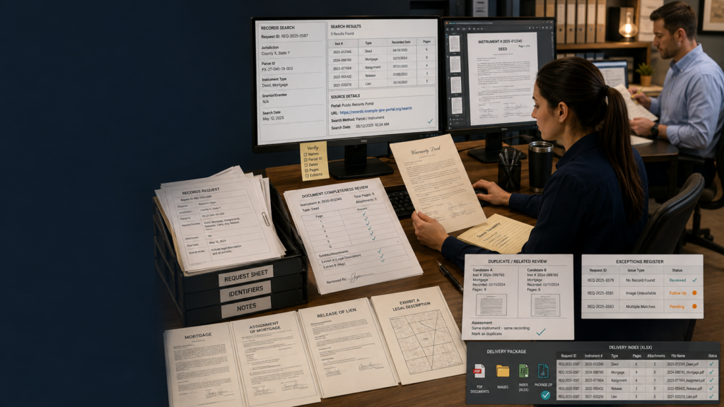 Records retrieval quality checklist with source verification, document matching, page review, file organization and human quality control