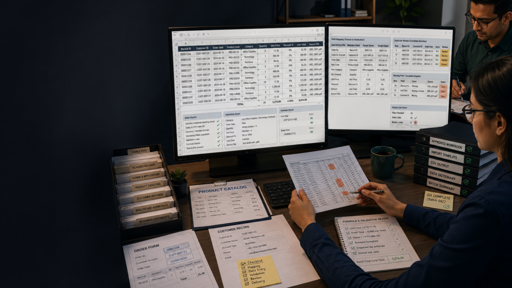 Excel data entry quality checklist with field mapping, identifier review, duplicate checks, formulas, validation and spreadsheet delivery