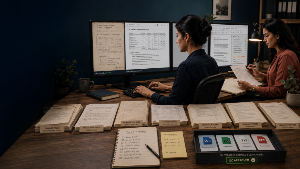 Document typing quality checklist with scanned pages, handwritten notes, table recreation, formatting and human review