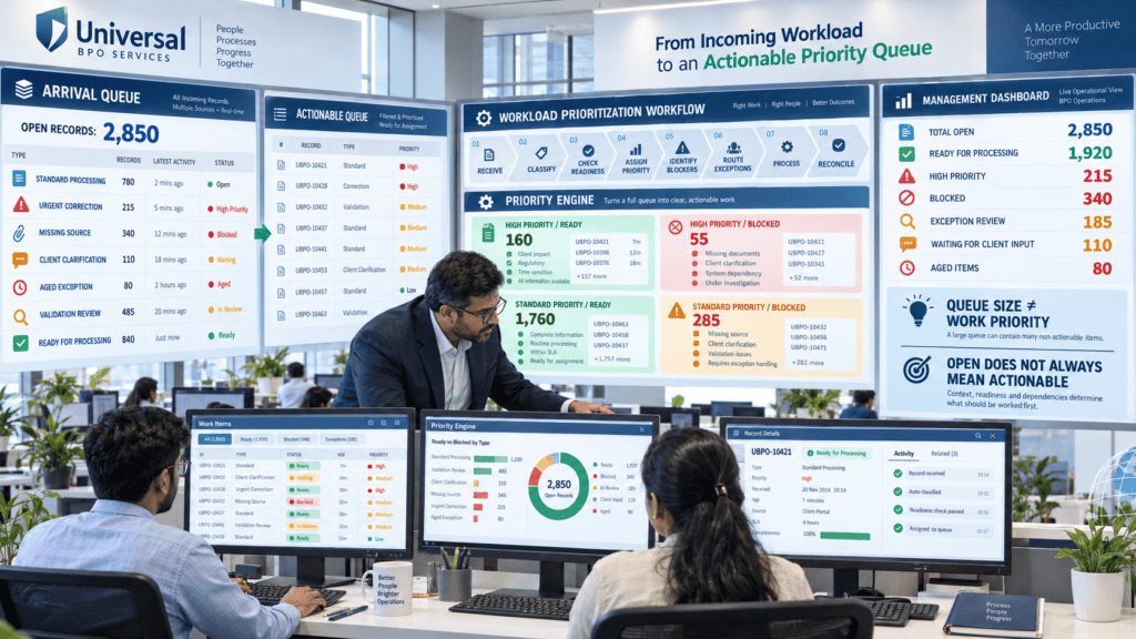 BPO work queue prioritization dashboard showing ready, blocked, priority and exception records